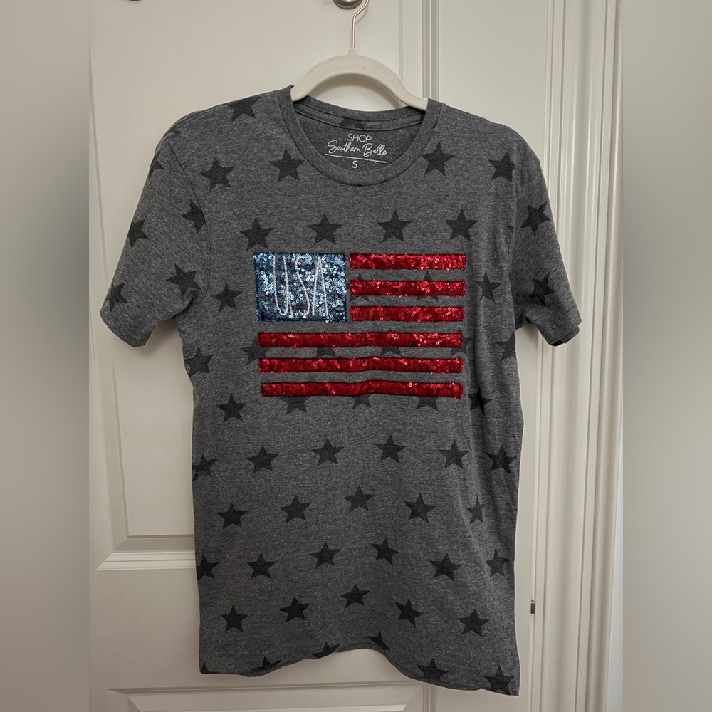 Womens shirt flag tee Gray Star patriotic  with USA Flag embellished Design